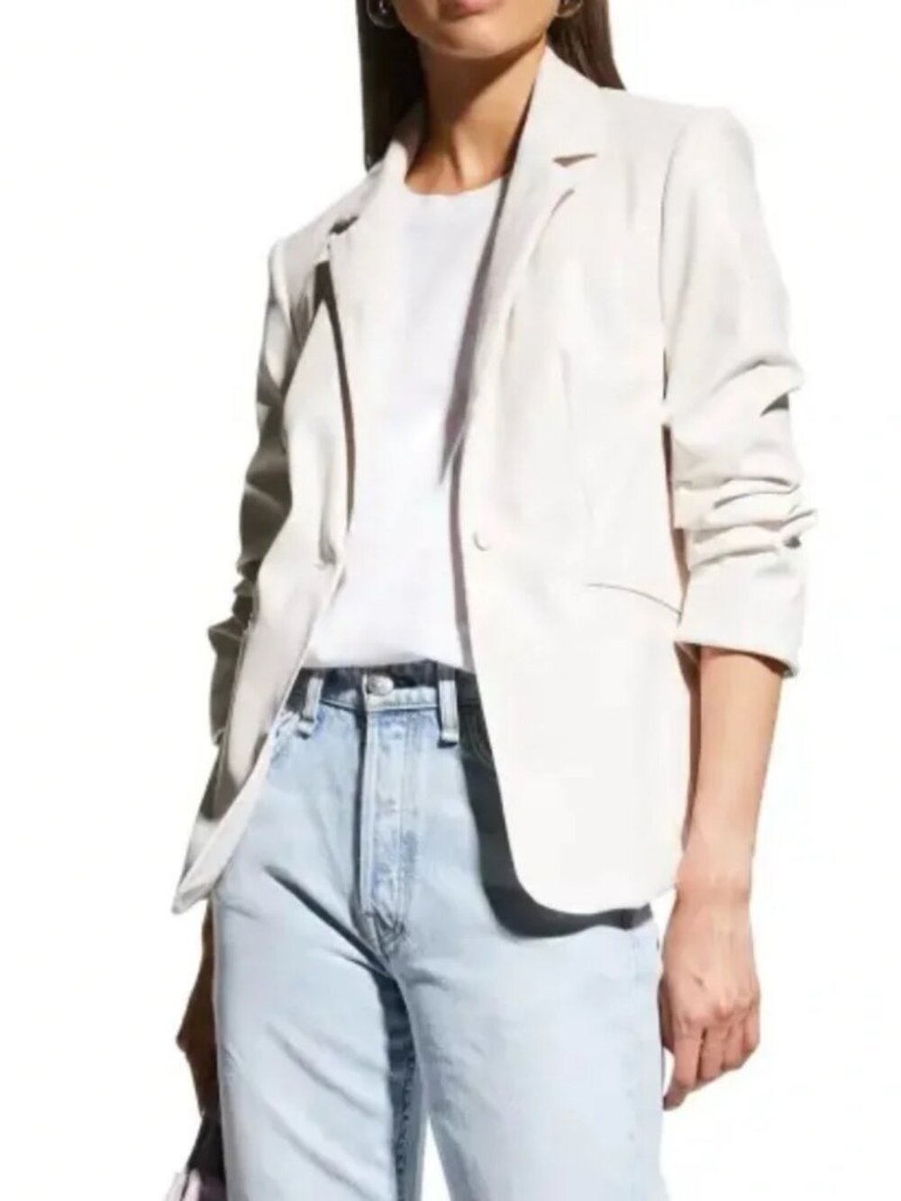 Womens Cinq a Sept Kylie White (Item-306) Ruched 3/4-Slv Faux Leather Blazer 0